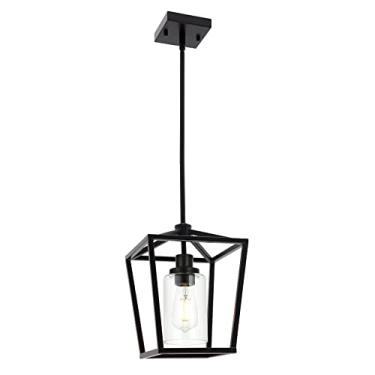 Imagem de MELUXEM Luminária Pendente De Metal Com 1 Luz, Lustre Industrial Preto Fosco, Gaiola De Fazenda, Luminária Suspensa Com Vidro Transparente Para Sala De Jantar, Cozinha E Ilha