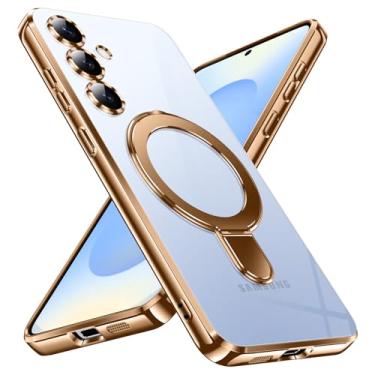 Imagem de YSLBWLE Capa ultrafina de TPU para Samsung Galaxy S25 com suporte magnético [à prova de choque de grau militar] Capa macia flexível antiamarelamento fina e suporte de 360° (ouro) 28-s25-02