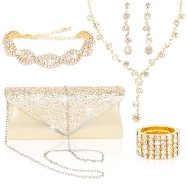 Imagem de ACO-UINT Conjunto de joias de strass com 5 peças de bolsa clutch para mulheres, colar de formatura, brincos, pulseira, anel com glitter, joias formais para mulheres para uso noturno, Metal, Strass