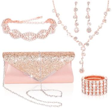 Imagem de ACO-UINT Conjunto de joias de strass com 5 peças de bolsa clutch para mulheres, colar de formatura, brincos, pulseira, anel com glitter, joias formais para mulheres para uso noturno, Metal, Strass