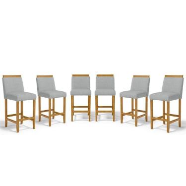 Imagem de Kit Com 6 Banquetas Eloá Madeira Maciça Assento Estofado Para Bancada Linho Cinza 407