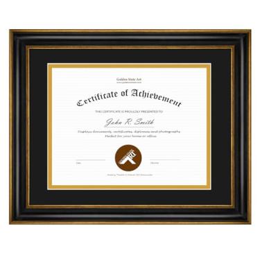 Imagem de Golden State Art, Moldura preta para documentos vintage 28 x 35 cm para diplomas/certificado de 21 x 35 cm, ganchos dente de serra para montagem na parede com vidro verdadeiro, acabamento dourado