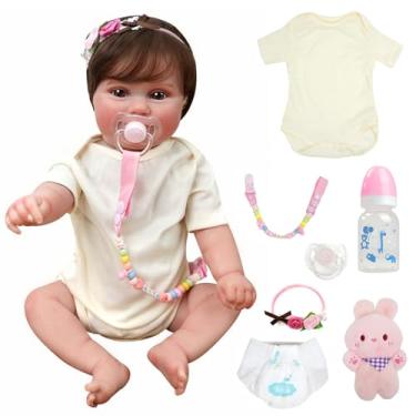 Imagem de Bebê Reborn Menina,bebê Reborn De Silicone Sólido Realista - Vinil Macio Feito à Mão Com órgãos Genitais Recém-nascido Boneca Bebe Reborn De 50cm Pode Tomar Banho,Olhos castanhos
