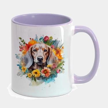 Imagem de Caneca Porcelana Branca Alça e Interior Roxa 325ml - DACHSHUND FLORES 01