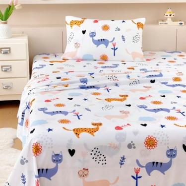Imagem de MICORAL Jogo de lençol infantil solteiro para gatos, 3 peças de lençóis para meninos e meninas, lençóis de microfibra com estampa macia, conjunto de cama infantil aconchegante com bolso profundo