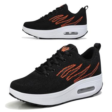 Imagem de RUIDENG Tênis de plataforma feminino com almofada de ar | Sapatos de caminhada femininos confortáveis o dia todo | Parte inferior grossa, Preto e laranja 11207, 39