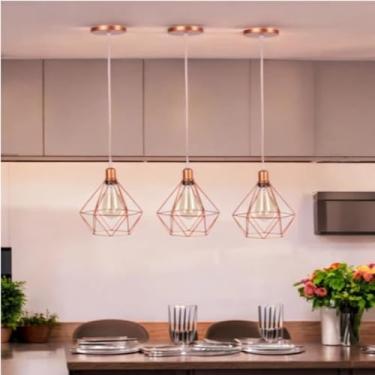Imagem de Luminárias Lustres de Teto Aramado Pendentes Modelo Formato em Diamante Cor Rose Gold Kit C/3