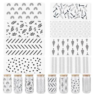 Imagem de SOFPLATE 8 folhas 8 estilos adesivos de copo de vidro UV DTF transferência de garrafa preto branco folha plástico impermeável etiquetas decorativas personalizadas para copos de água de vidro de 473 ml