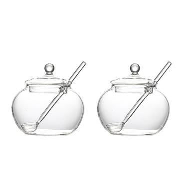 Imagem de 123Arts Potes de armazenamento de açucareiros de vidro transparente com tampa e colheres de servir de açúcar, conjunto de 2