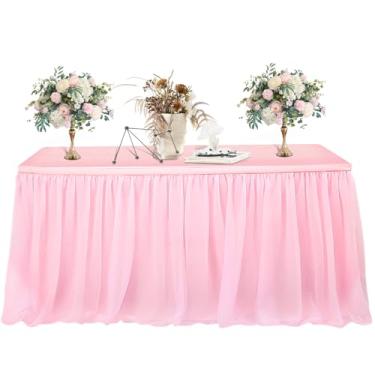 Imagem de Saia de mesa de tule rosa de 1,8 m – Toalha de mesa MAQIHAN para mesas retangulares redondas feitas de tecido tutu restaurante mesa de sobremesa casamento festa de aniversário decoração de chá de bebê