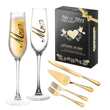 Imagem de Conjunto de taças de champanhe Mr and Mrs, faca de bolo de casamento e servir, presentes de noivado para casais, conjunto de corte de bolo para noiva e noivo, taças de brinde para aniversário de