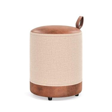 Imagem de Puff Redondo Euro Couro e Linho Bege Sala Quarto - Loja Inova BR (Bege)
