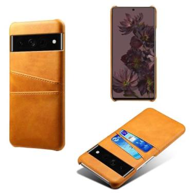 Imagem de Capas Compatível com Google Pixel 7 Pro,Caso de couro PU-Tampa de telefone a prova de choque com 2 slots de cartão,Proteção anti-impressão digital e anti-gota-Yellow