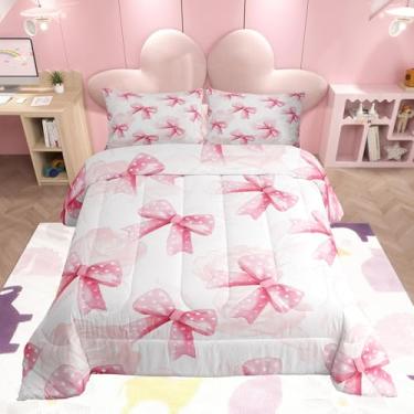 Imagem de Feelyou Conjunto de cama infantil casal com laço rosa, com laço fofo, romântico, rosa, para decoração de quarto de adolescentes, 3 peças