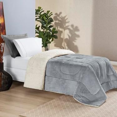 Imagem de Kit Coberdrom + Jogo de Lençol Solteiro 400 fios 3 Peças Edredom Dupla Face Cobertor Pele de Carneiro Macio (Cinza)