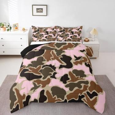 Imagem de Feelyou Conjunto de edredom de caçador de pato rosa, camuflado, para crianças, preto e marrom, para meninos, adolescentes, estilo camuflado, respirável, selvagem, conjunto de edredom para decoração de