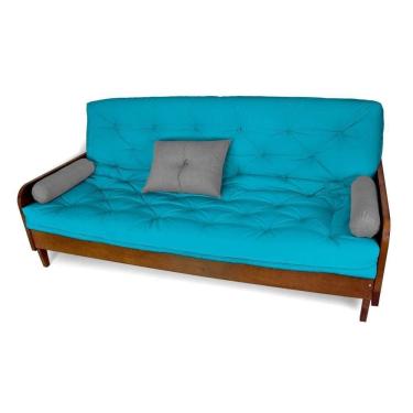 Imagem de Sofá Cama Paris Sarja Azul Tiffany Madeira Nobre Cor Imbuia