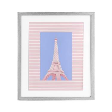Imagem de Stupell Industries Torre Eiffel sobre listras rosa impressão emoldurada cinza design sob vidro por Pooja Dave, 16 x 13