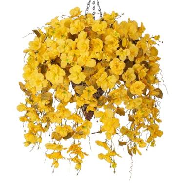Imagem de Ivydale Flores artificiais para pendurar no outono com cesta para decoração ao ar livre, videiras falsas de hibisco, plantas falsas, flores de seda realistas para plantadores fora de casa, pátio
