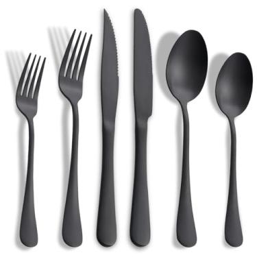 Imagem de Joincook Conjunto de talheres pretos foscos de 24 peças com facas de bife, conjunto de talheres de aço inoxidável para 4, conjunto de talheres modernos, conjunto de colheres e garfos para restaurante
