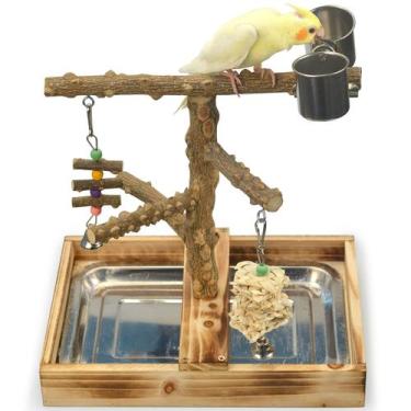 Imagem de Bird Playground LIMIO Natural Wood com bandeja e 2 xícaras para pássar