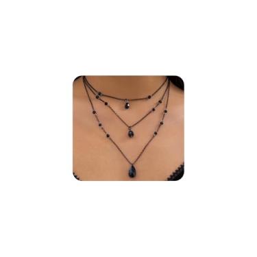 Imagem de FUTIMELY Colar gótico com pingente de gota preta em camadas, pingente de gota de água de cristal, conjunto de colares empilhados, gargantilha de strass escuro, joia de Halloween, Small, Liga de aço