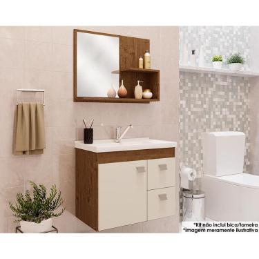 Imagem de Gabinete de Banheiro Balcão Suspenso Isa c/ Cuba 55cm e Armário c/ Espelho Amendoa/Off White - MGM