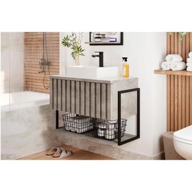 Imagem de Gabinete de Banheiro Suspenso Frisê Havaí Ripado c/ Cuba 1 Porta Basculante e Tampo Vidro 80 cm Cimento - MGM