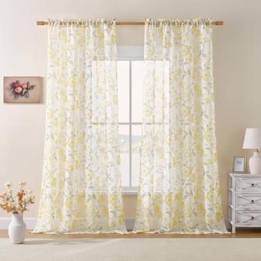 Imagem de Cortinas florais transparentes, 2 painéis, 2 painéis, para sala de estar, verão, botânica, quinta, estampa de flores e folhas, bolso de haste, filtragem de luz, cortinas rústicas para sala de jantar