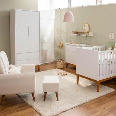 Imagem de Kit Quarto Theo com Pés Square Mel - Berço+ Cômoda 3 Gavetas + Guarda-