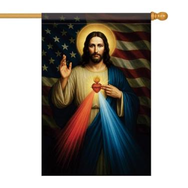 Imagem de Starlit Patio Bandeira da Casa Cristã 71 x 101 cm Sagrado Coração de Jesus Bandeira de Jardim Dupla Face Divina Misericórdia Vermelho Raios Azuis Bandeira dos EUA Fundo Bandeira de Quintal Exterior
