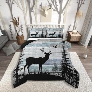 Imagem de Conjunto de edredom rústico, casal, veado, fazenda, campo, para crianças, adolescentes e homens, cabana de caça, floresta ocidental, com 2 fronhas, azul, cinza, preto