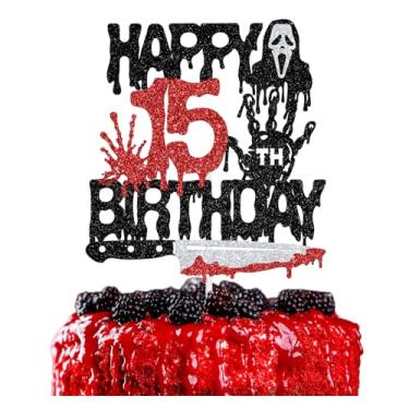 Imagem de Killer Happy 15th Birthday Cake Topper, Halloween Zombie Vampire Bloody Friday Birthday Decor, Halloween Knife Horror Movie 15 Years Old Birthday Party Decorations Supplies