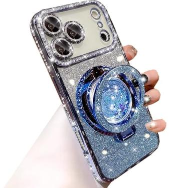 Imagem de Changjia Capa com suporte de glitter para iPhone Pro Max, luxuosa, brilhante, diamante, strass, com protetor de câmera, anel de fluxo líquido, suporte de TPU (poliuretano termoplástico), capa feminina