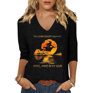 Imagem de Camisa feminina TKTSO Halloween Witch com decote em V manga 3/4 L