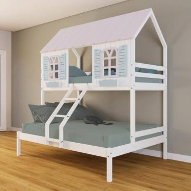 Imagem de Beliche Casal/ Solteiro Casinha Bela - Madeira Maciça Branco/Rosa/Verde | Housin