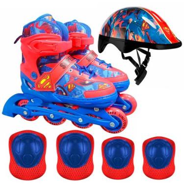 Imagem de Patins Infantil Com Acessórios Superman Ajustável 30-33 Até 60kg Kit P