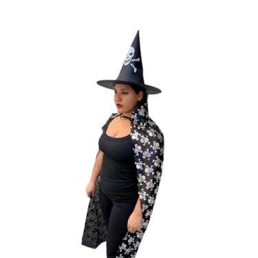 Imagem de Kit Chapéu Preto Estampado com Capa de Bruxa Dourada Prata Halloween Festa Fantasia Cosplay(G,Caveirinhas Pratas)