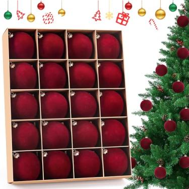 Imagem de DazSpirit Pacote com 20 enfeites de bola de Natal de veludo flocado, bolas decorativas de 8 cm, bolas de plástico inquebráveis para decoração de casa para árvore de Natal, grinalda, vinho