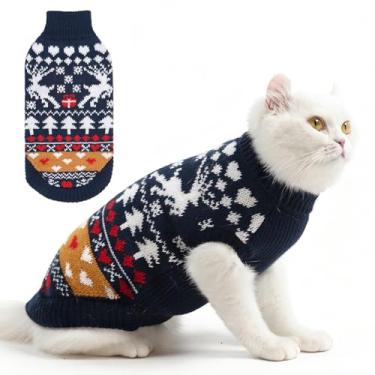 Imagem de PUPTECK Suéter de gato de Natal, roupas de inverno macias e quentes para animais de estimação, suéter de gatinho, casaco de malha para gatos, roupas de clima frio, azul marinho P
