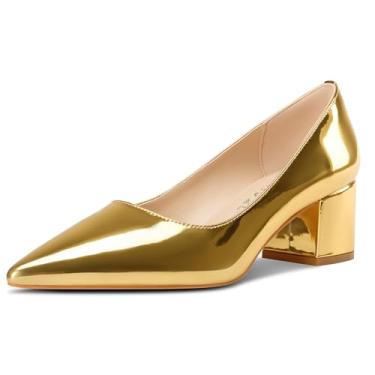 Imagem de Aachcol Sapato feminino de salto médio, salto médio, bico fino, sem cadarço, para escritório, vestido de festa, sapatos de couro envernizado, salto de 5 cm, Dourado, 39
