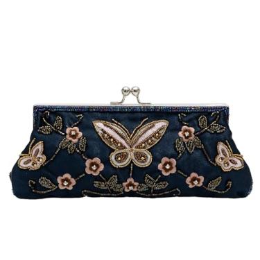 Imagem de lapulio Bolsa de mão elegante vintage borboleta floral com contas para noivas, formaturas, festas e ocasiões formais, Azul marinho