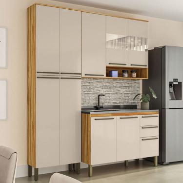 Imagem de Armário de Cozinha com Balcão e Tampo 10 Portas 2 Gavetas Xangai 100% Mdf Vidro Reflecta Amêndoa/Off White - Pnr Móveis