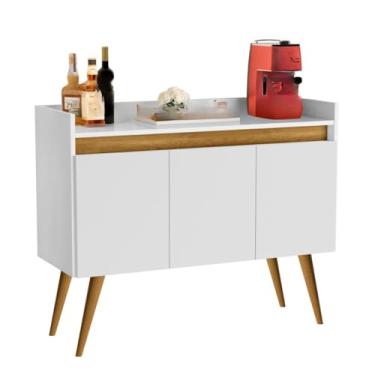 Imagem de Aparador Buffet Retrô com Pés de Madeira Maciça 3 ou 4 Portas Prateleira Organizadora para Sala e Entrada(Luxo 3 Branco Com Madeirado)