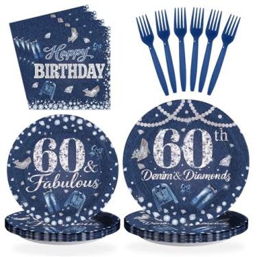 Imagem de Greencian 96 peças, decorações de festa de 60 anos, tema jeans e diamantes, pratos e guardanapos de 60 anos, conjunto de talheres descartáveis para festa de aposentadoria de caubói de 60 anos, serve