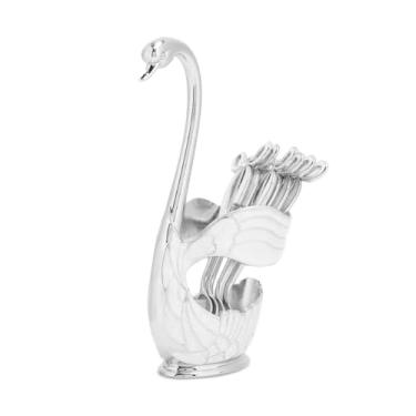 Imagem de Conjunto de colheres de sobremesa de café, suporte de colher de café de metal colher de chá de fruta sobremesa talheres base de cisne com 6 peças colheres de sorvete colheres de chá café sobremesa talheres (branco prateado)