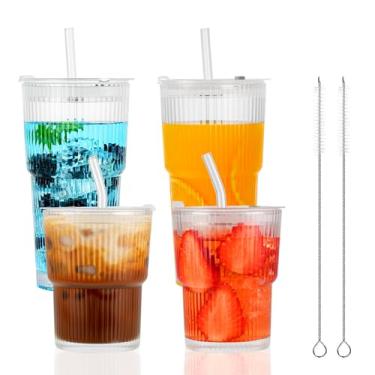Imagem de Pacote com 4 copos de vidro de 14 e 590 ml com tampas e canudos, copos de café gelado vintage com nervuras para cerveja, gelo, café, suco de frutas, copo elegante e estético, copo de café gelado de