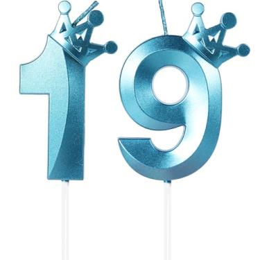Imagem de Velas de aniversário azuis número 19, topo de bolo de feliz aniversário de 19 anos, vela com número de coroa 3D, vela de aniversário de 19 anos, decoração de aniversário, decoração de topo de bolo