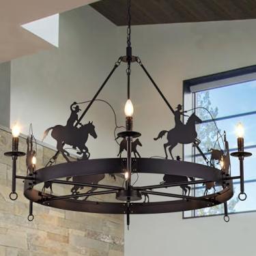 Imagem de TOCHIC Lustre Rústico Para Sala De Jantar, Lustre De Roda De Carroça De Fazenda De 48", Lustre De Floresta Negra Ocidental, Luminárias Para Sala De Estar, Quarto, Cozinha, Hall De Entrada, Cabine, 6