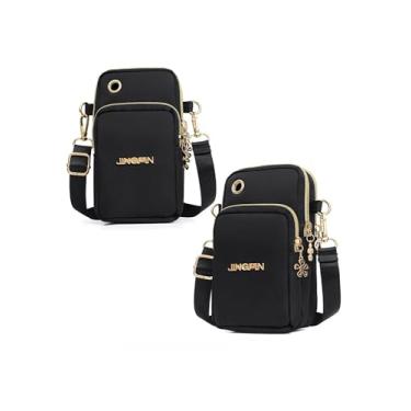 Imagem de Bolsa tiracolo feminina de nylon com bolso para telefone, bolsa de ombro casual para mulheres com bolsos com zíper, Preto, Bolsas transversais